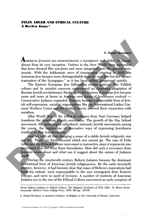 Felix Adler and Ethical Culture a Review