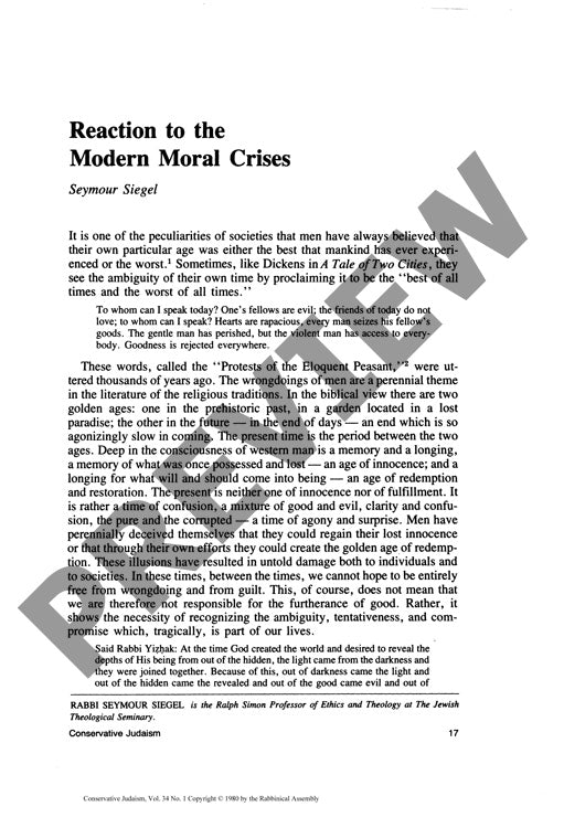 Reaction to the Modern Moral Crises