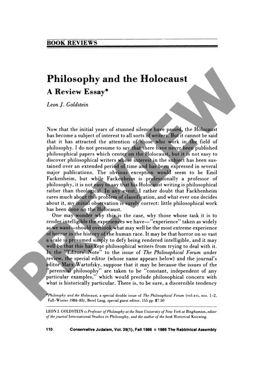Philosophy and the Holocaust a Review Es