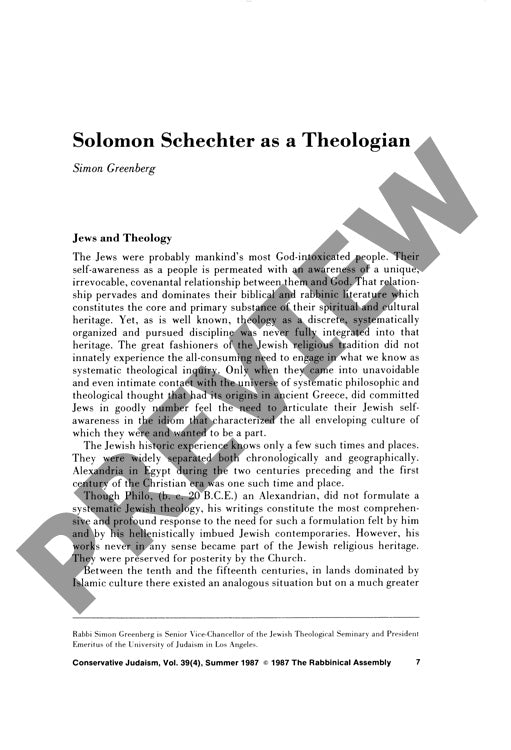 Solomon Schechter as a Theologian