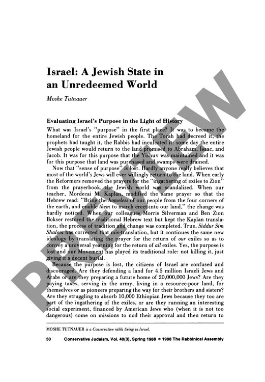 Israel a Jewish State in an Unredeemed W
