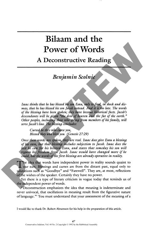 Bilaam and the Power or Words a Deconstr