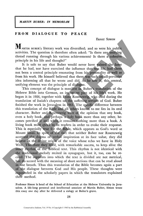 From Dialogue to Peace Martin Buber