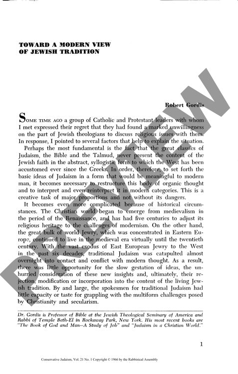 Toward a Modern View of Jewish Tradition