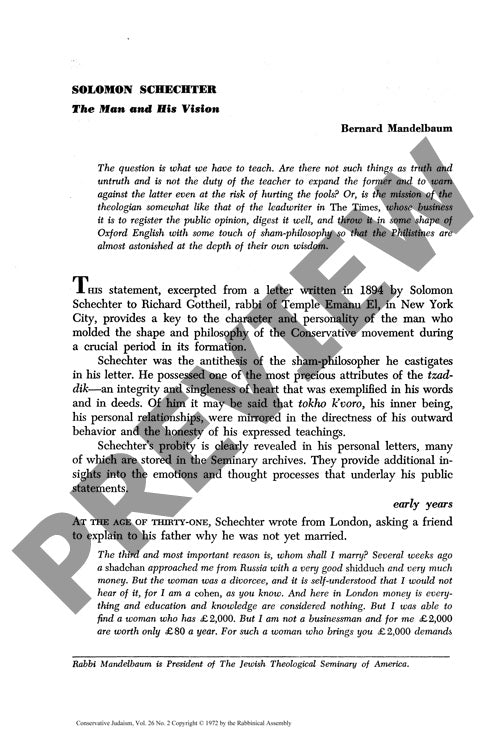 Solomon Schechter the Man and His Vision