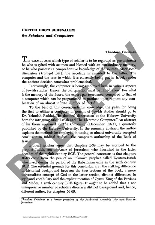 Letter from Jerusalem on Scholars and Co