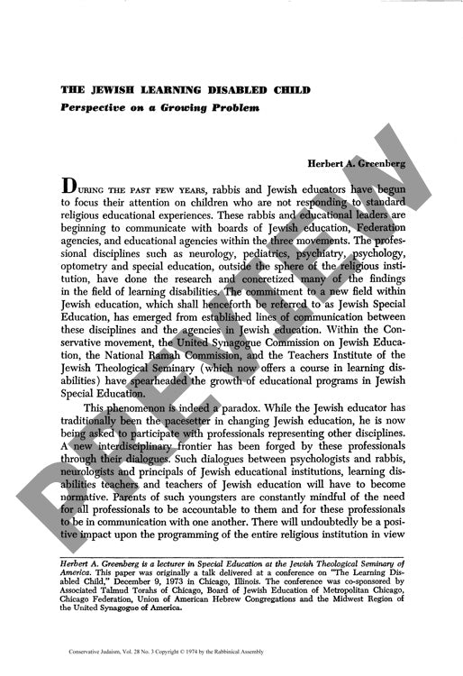 The Jewish Learning Disabled Child Persp