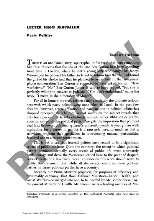 Letter from Jerusalem Party Politics
