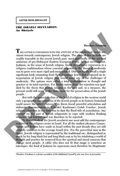 The Israeli Secularist an Obstacle Lette