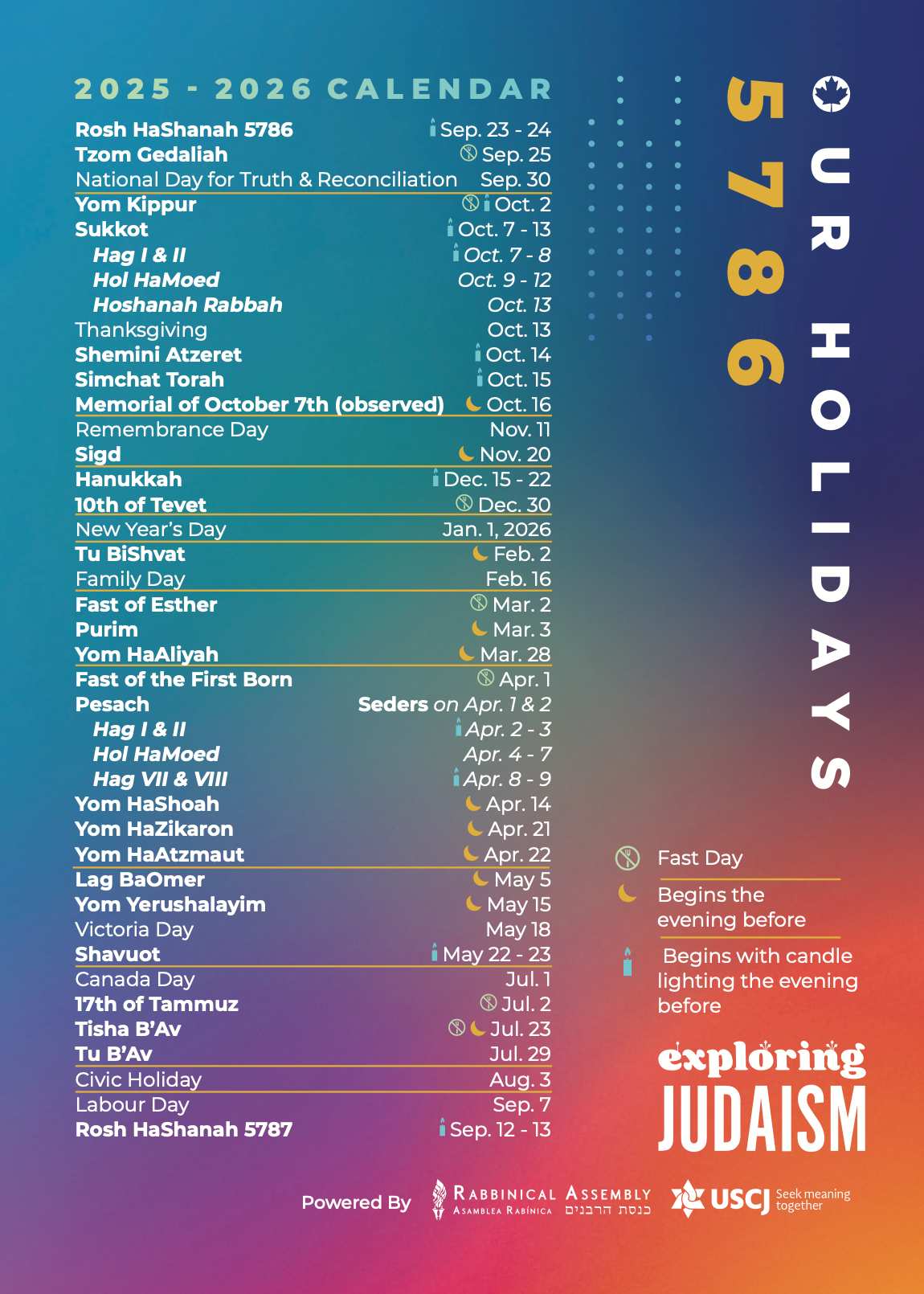 5786 Our Holidays Calendar by Exploring Judaism