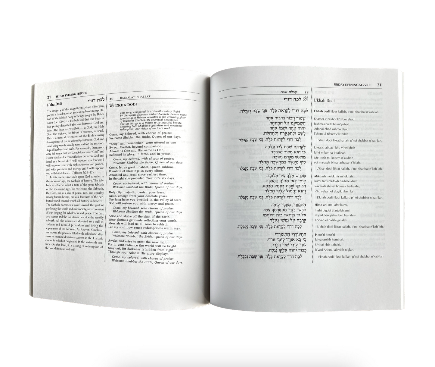 sample full spread content of Siddur Sim Shalom for Friday Night with Complete Transliteration