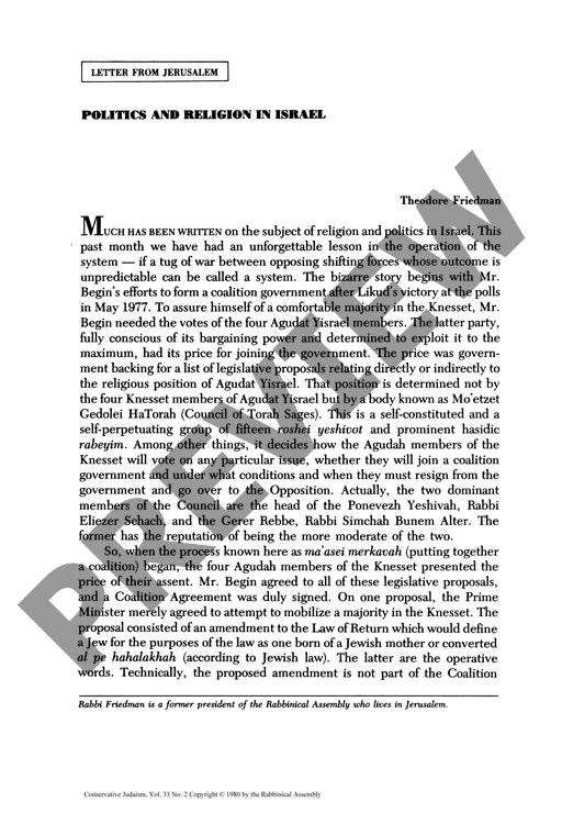 Politics and Religion in Israel Letter F