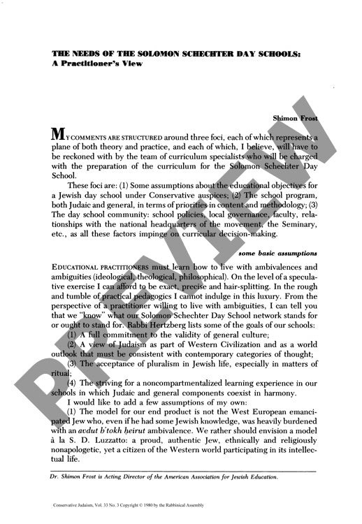 The Needs of the Solomon Schechter Day S