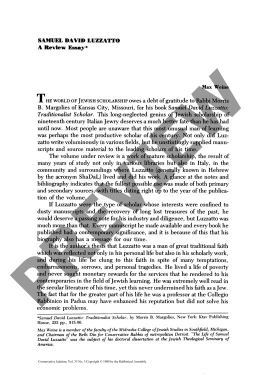 Samuel David Luzzatto a Review Essay