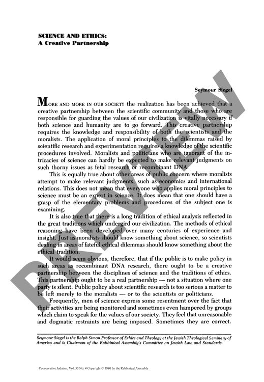 Science and Ethics a Creative Partnershi