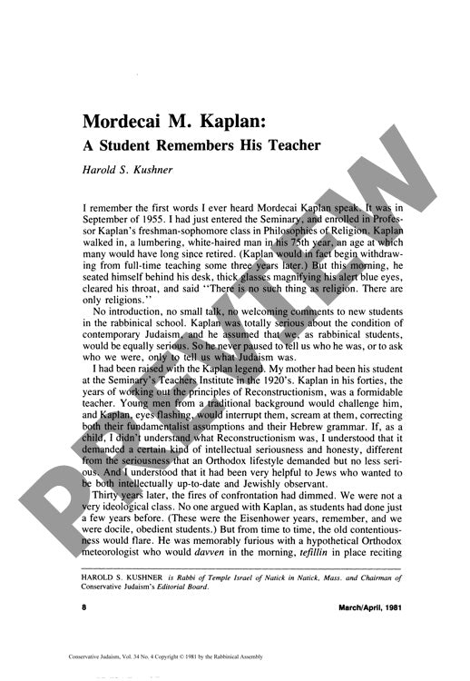 Mordecai M Kaplan a Student Remembers Hi