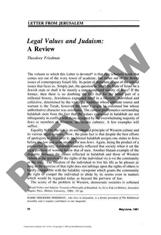 Legal Values and Judaism a Review Letter