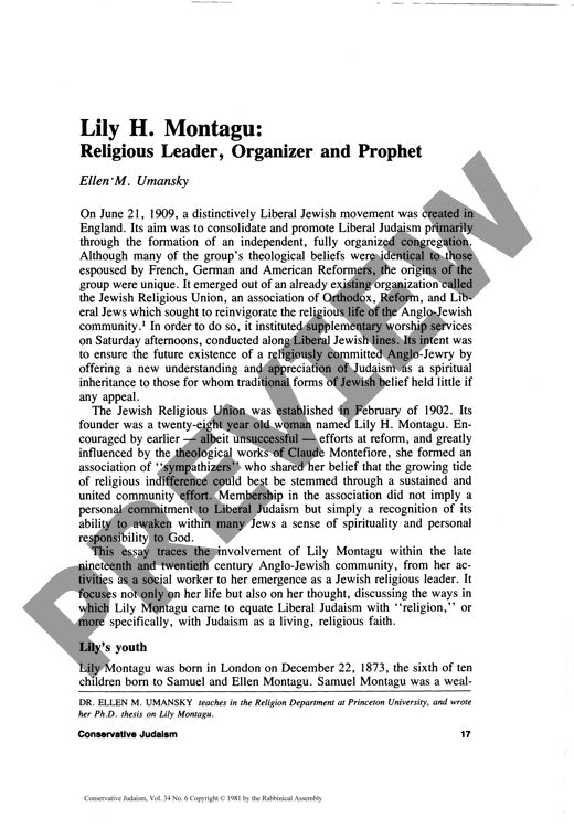 Lily H Montagu Relgious Leader Organizer