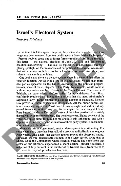 Israels Electoral System Letter from Jer