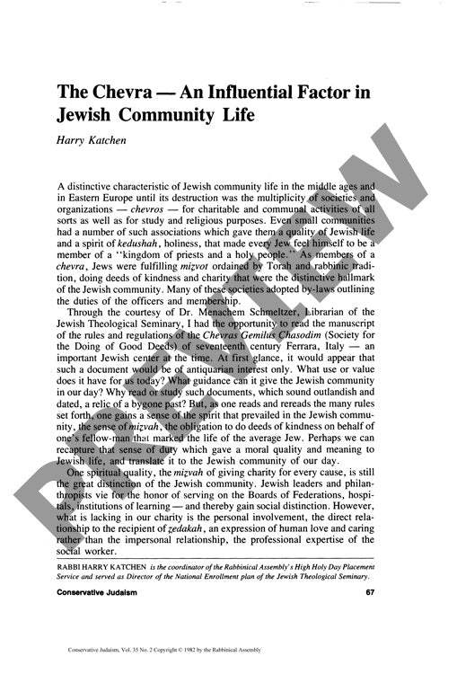 The Chevra an Influential Factor in Jewi