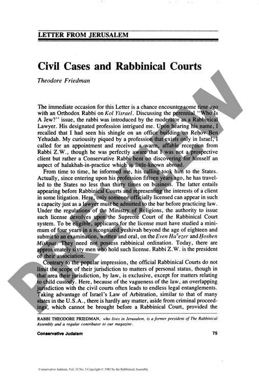Civil Cases and Rabbinical Courts Letter