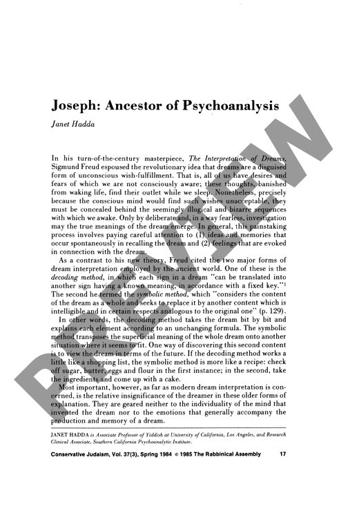 Joseph Ancestor of Psychoanalysis