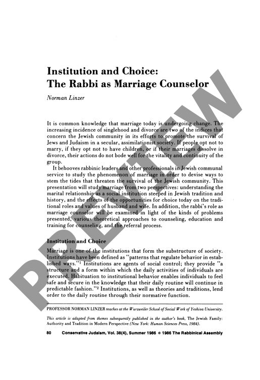 Institution and Choice the Rabbi as Marr