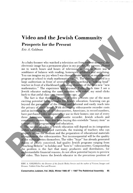Video and the Jewish Community Prospects