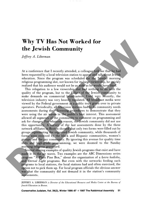 Why Tv Has Not Worked for the Jewish Com