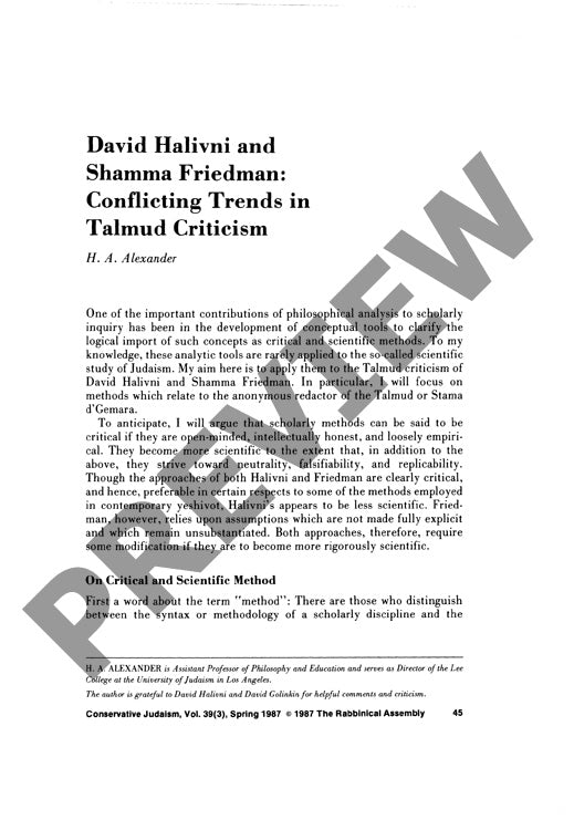 David Halivni and Shamma Friedman Confli