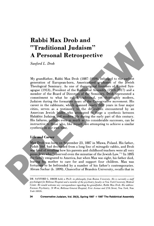 Rabbi Max Drob and Traditional Judaism A