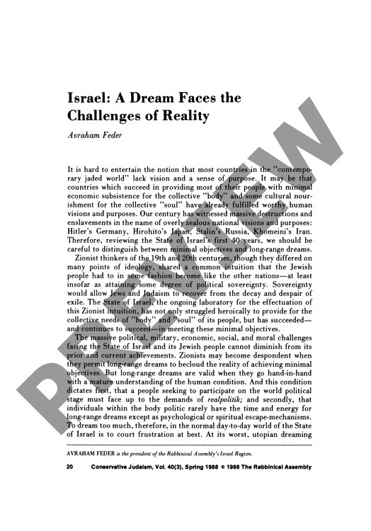 Israel a Dream Faces the Challenges of R
