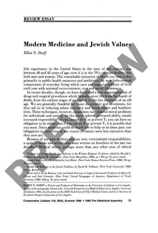 Modern Medicine and Jewish Values Review