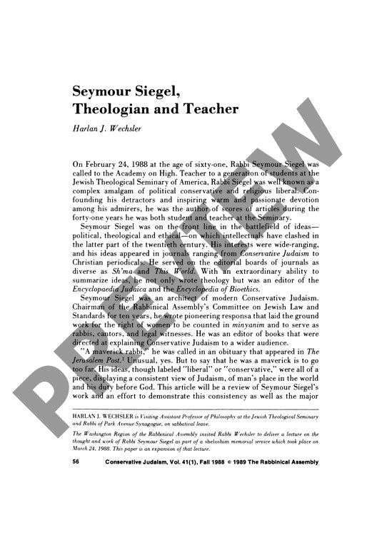 Seymour Siegel Theologian and Teacher