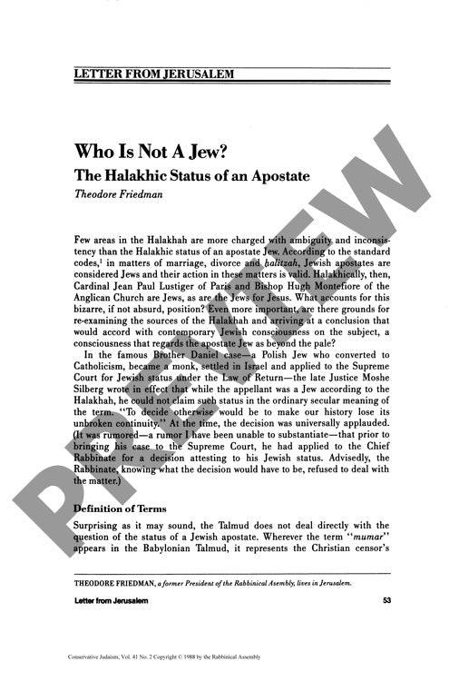 Who Is Not a Jew the Halakhic Status Of