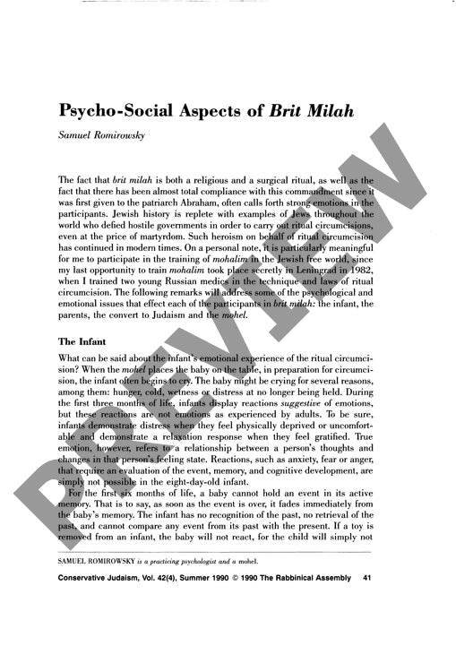 Psycho Social Aspects of Brit Milah