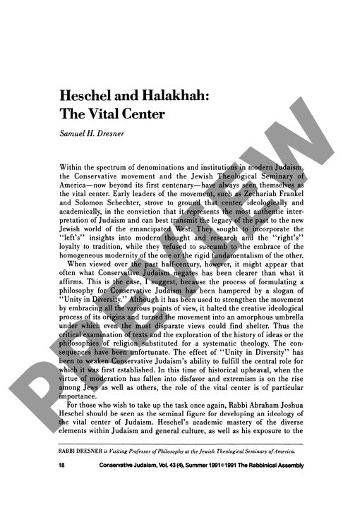 Heschel and Halakhah the Vital Center