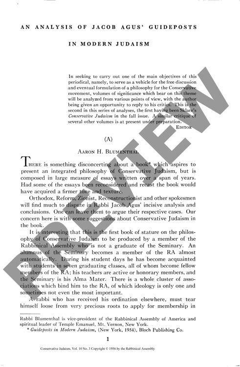 An Analysis of Jacob Agus Guideposts In