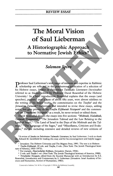 The Moral Vision of Saul Lieberman a His