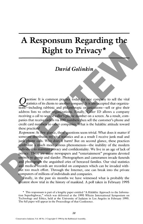 A Responsum Regarding the Right to Priva