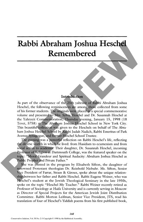 Rabbi Abraham Joshua Heschel Remembered