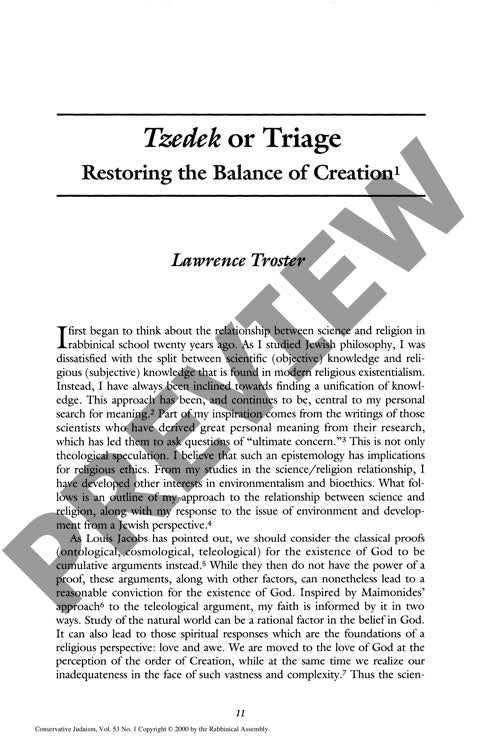 Tzedek or Triage Restoring the Balance O