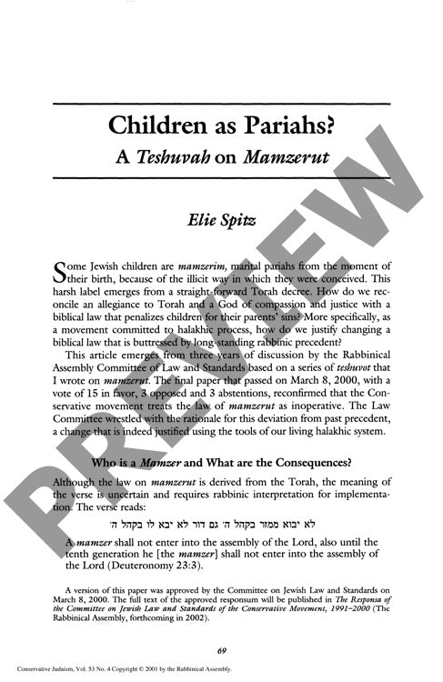 Children as Pariahs a Teshuvah on Mamzer
