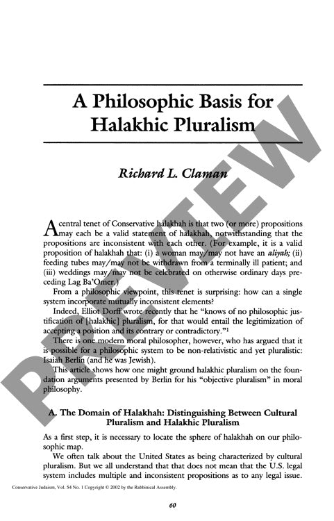 A Philosophic Basis for Halakhic Plurali