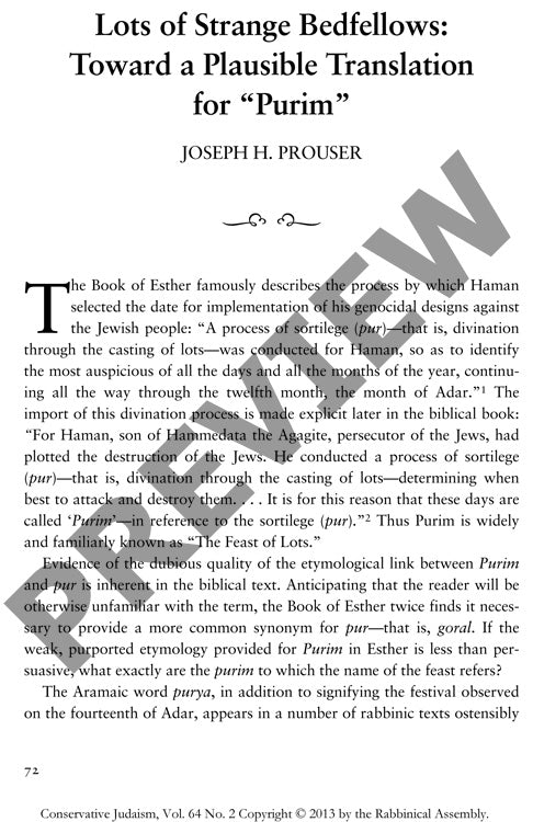 Lots of Strange Bedfellows Toward a Plausible Translation for Purim