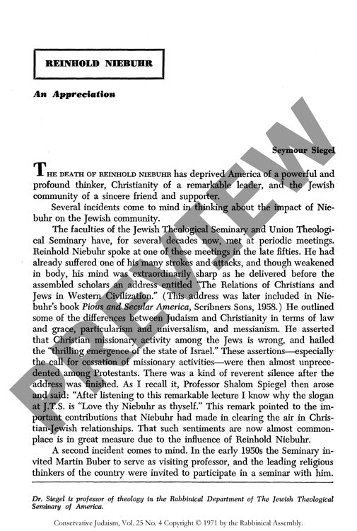 Reinhold Niebuhr an Appreciation