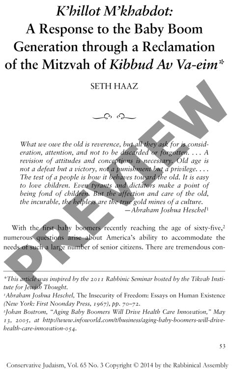 K Hillot M Khabdot a Response to the Baby Boom Generation Through a Reclamation of the Mitzvah of Kibbud Av Va Eim