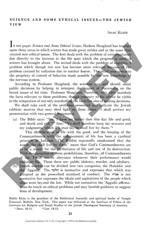 Science and Some Ethical Issues the Jewi