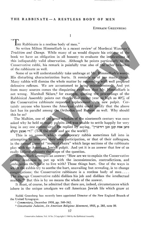 The Rabbinate a Restless Body of Men