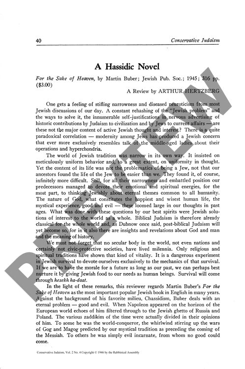A Hassidic Novel Review of for the Sake